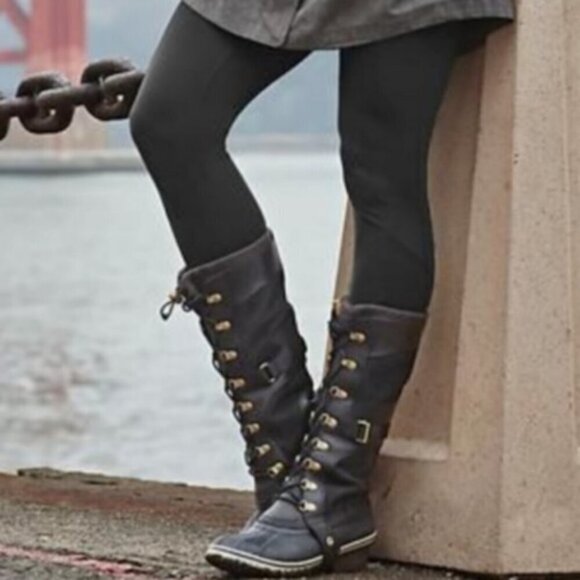 Sorel Leather Tall Lace Up Waterproof Conquest Carly Snow Boots Black Size 6 - Picture 1 of 10